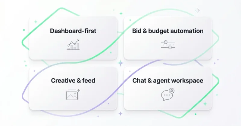 The four categories of ad management software: dashboard-first, bid-and-budget automation, creative and feed, and chat-and-agent workspace.