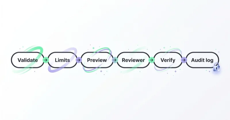 Six safety guardrails before an AI applies a change: validate, limits, preview, reviewer, verify and audit log.