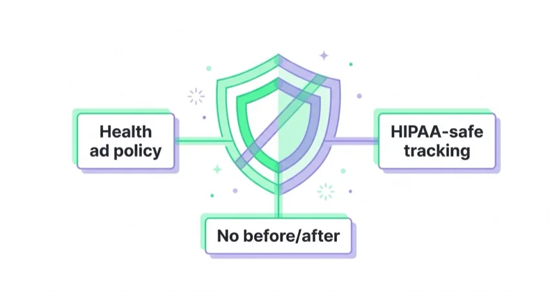Compliance layer for aesthetic clinic ads: health ad policy, no before/after imagery, and HIPAA-safe tracking.