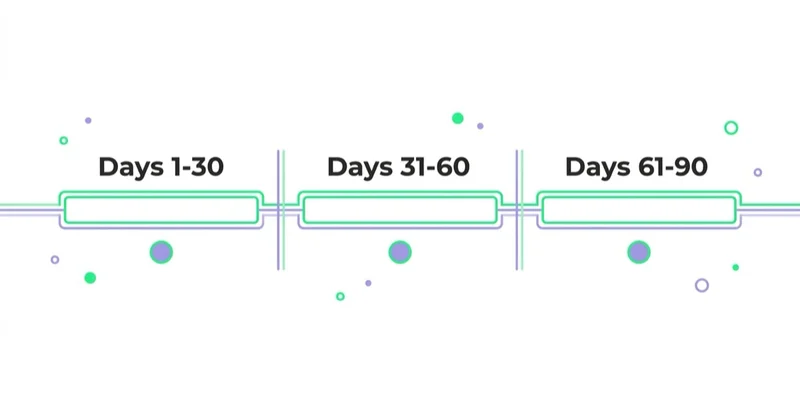 Diagram: Launching a programme: the first 90 days — Days 1-30, Days 31-60, Days 61-90.