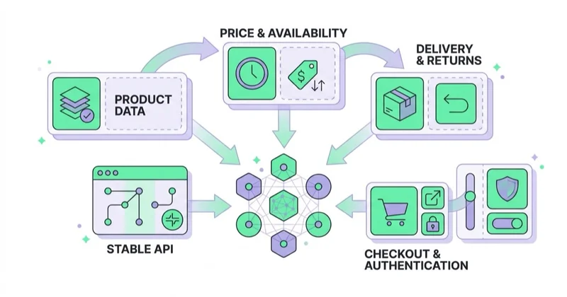 Diagram of the six store capabilities an AI agent depends on: product data completeness, price and availability freshness, machine-readable delivery and returns rules, a stable API, externally initiated checkout, and authentication with abuse control.