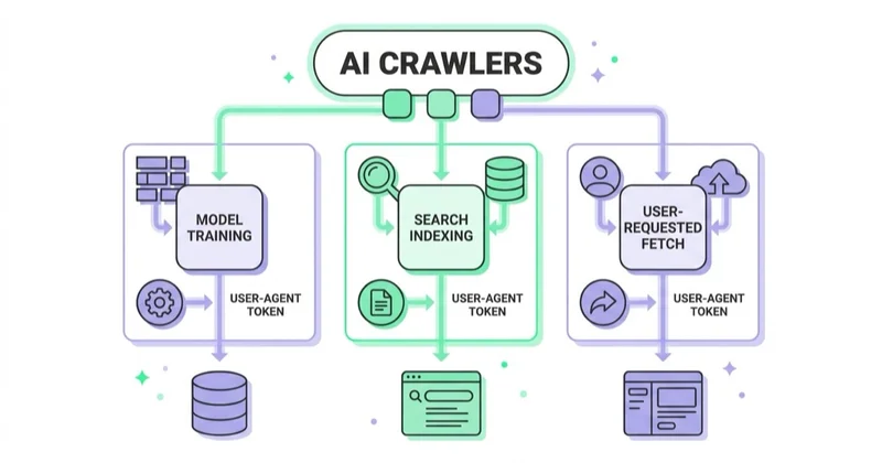 Three jobs of AI crawlers: model training, search indexing and user-requested fetch, each with its own user-agent token.