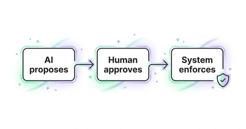 The guarded AI pattern: AI proposes, a human approves, the system enforces limits.