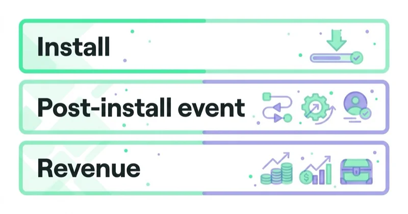 Diagram: The measurement constraint that shapes everything — Install, Post-install event, Revenue.