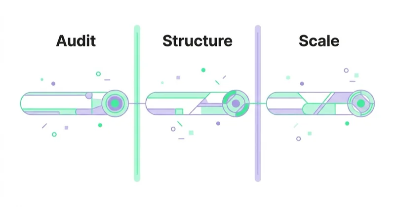 Diagram: How Space Ads approaches an app growth assignment — Audit, Structure, Scale.