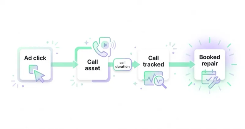 Auto repair call-quality flow from ad click and call asset to booked repair