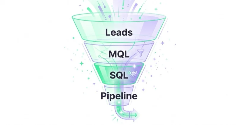 B2B pipeline funnel: leads, MQL, SQL, pipeline