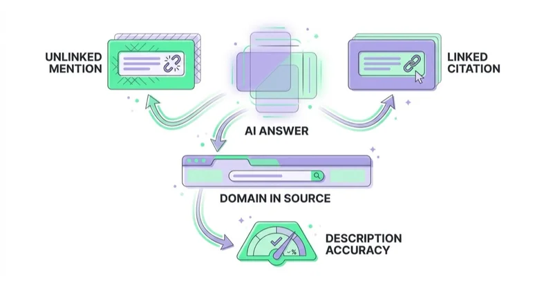 Diagram: four different units of measurement for a brand in an AI answer — unlinked mention, linked citation, domain in a source panel, description accuracy.