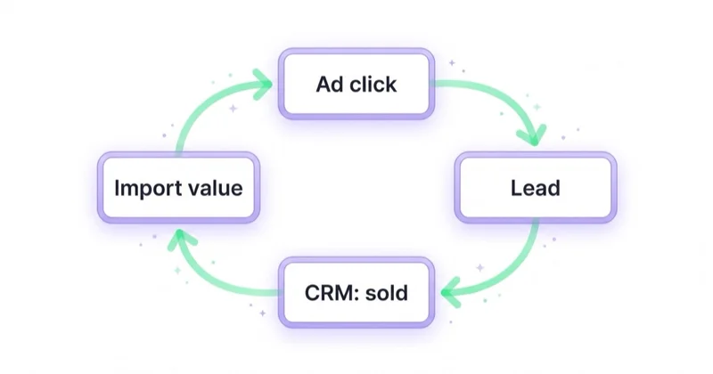 Closed CRM measurement loop connecting an ad click to a lead, a CRM sold outcome, and imported conversion value fed back to the ad platform.
