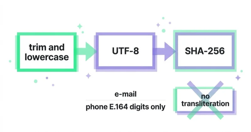 Normalization before hashing: trim and lowercase, UTF-8 encoding, SHA-256; diacritics must be preserved rather than transliterated.