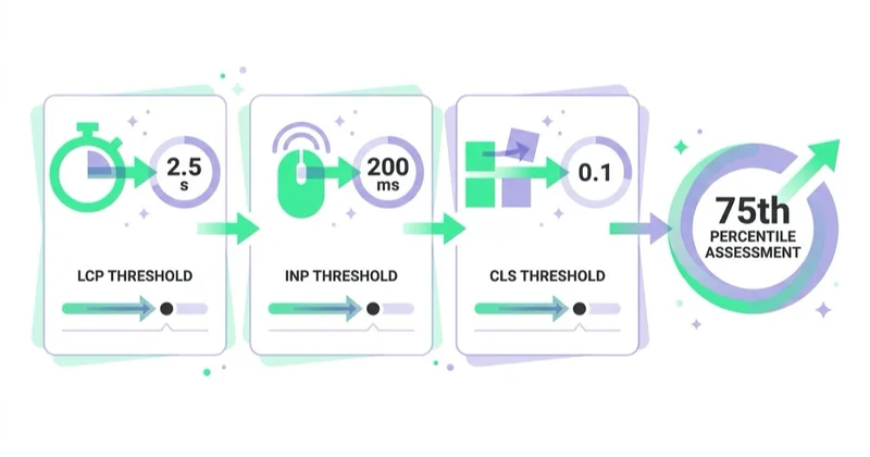 Core Web Vitals thresholds: LCP 2.5 s, INP 200 ms, CLS 0.1, assessed at the 75th percentile.