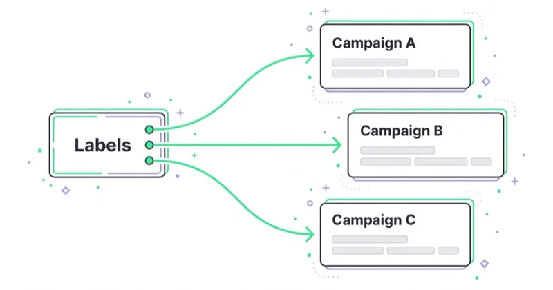 One label node feeding three separate campaigns — Campaign A, B and C — segmented by custom labels.