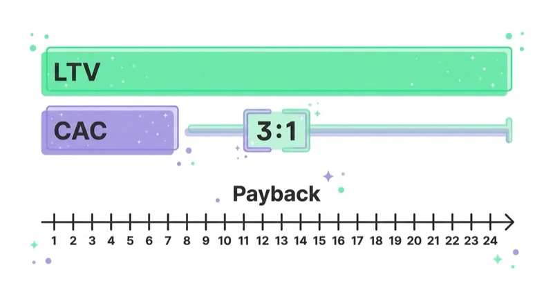 An LTV to CAC ratio bar with a 3:1 marker and a payback-period timeline defining a healthy CAC.