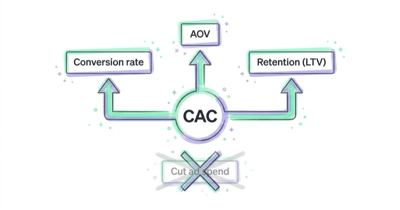 A CAC node improved by conversion rate, AOV and retention rather than by cutting ad spend.