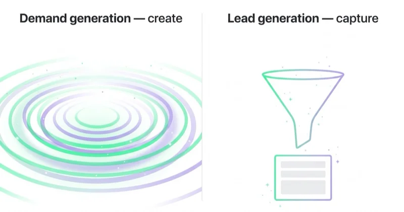 Two-panel diagram contrasting demand generation as broad radiating waves that create future demand with lead generation as a funnel capturing active demand into a contact form.