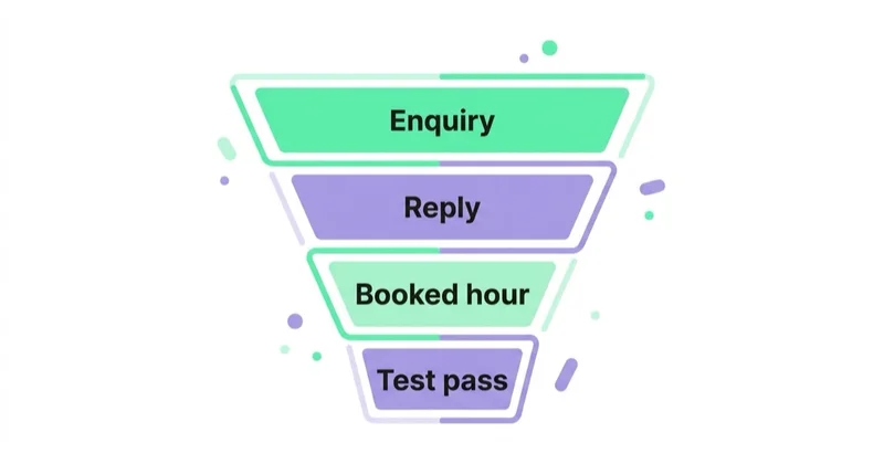 Diagram: Make enquiry handling useful and measurable — Enquiry, Reply, Booked hour, Test pass.