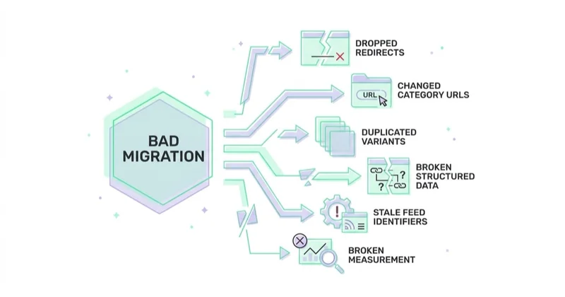 Diagram showing what a bad migration loses: dropped redirects, changed category URLs, duplicated variants, broken structured data, stale feed identifiers, broken measurement.