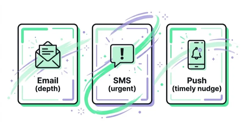 Diagram: three messaging channels, three jobs.
