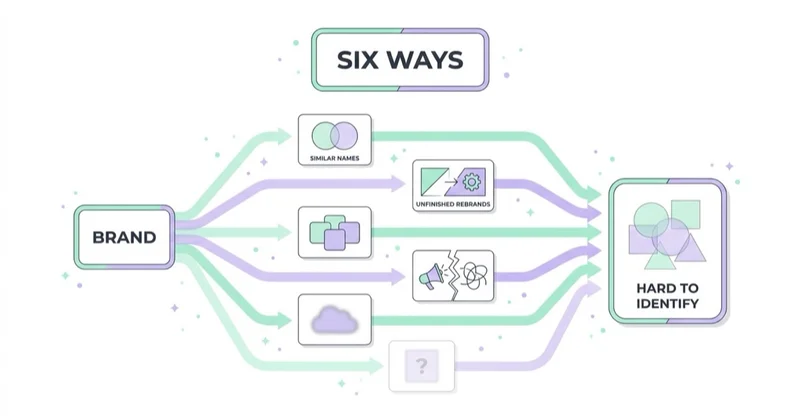 Diagram: six ways a brand becomes hard to identify, from similar names to unfinished rebrands.