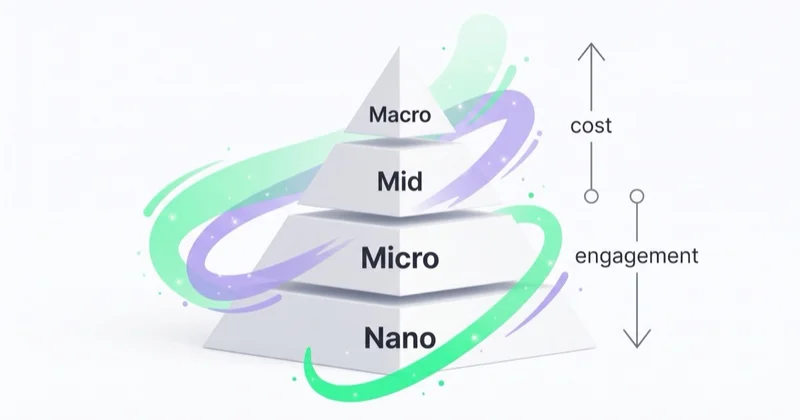 Creator tiers from nano to macro, with cost rising and engagement falling toward the top.