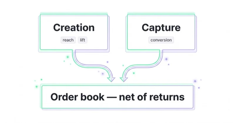 Measure by role and reconcile to the order book net of returns: creation vs capture.