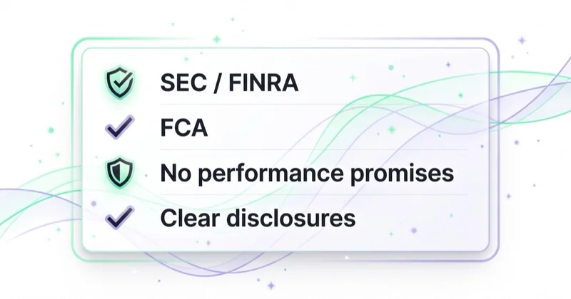 Financial advisor compliance map: SEC and FINRA, FCA, no performance promises and clear disclosures.