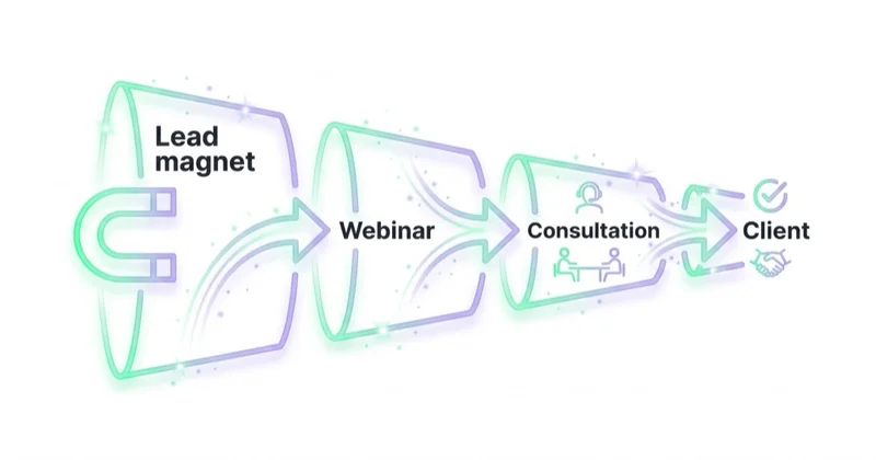 Financial advisor education funnel: lead magnet, webinar, consultation and client.