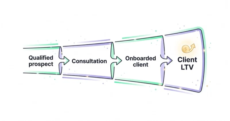 Advisor measurement funnel from qualified prospect to consultation, onboarded client and client lifetime value.