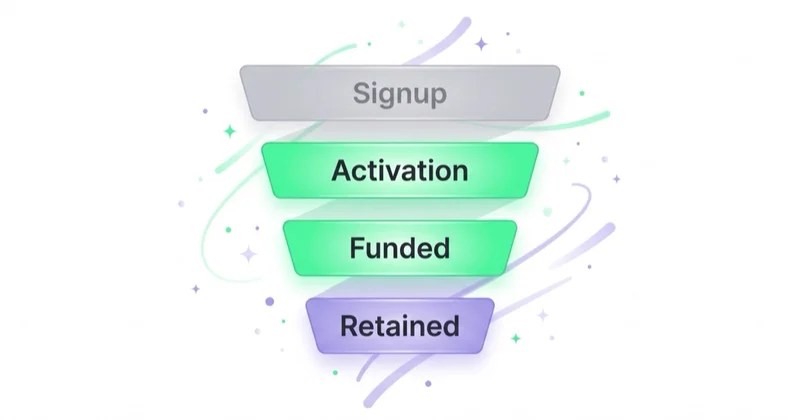 A fintech funnel measuring activation and funded outcomes rather than raw signups.