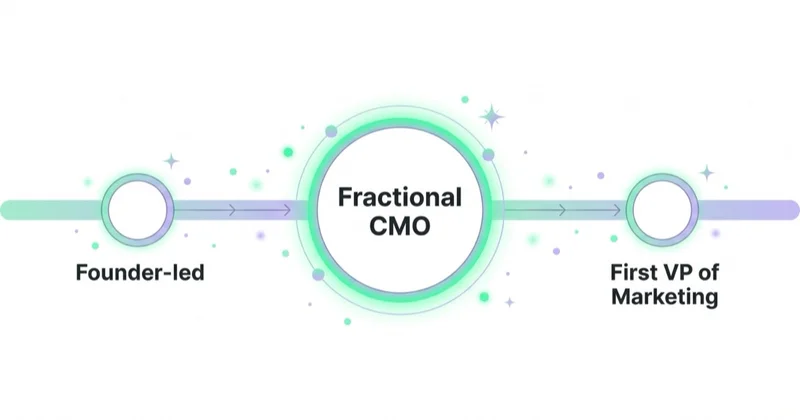 Left-to-right timeline of a startup's marketing leadership progression from founder-led marketing to a fractional CMO to the first VP of marketing, with the fractional CMO stage emphasized as the middle step.