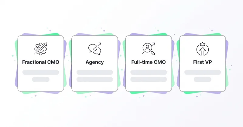 Four side-by-side comparison cards showing the marketing leadership options a SaaS founder weighs: fractional CMO, agency, full-time CMO and first VP.
