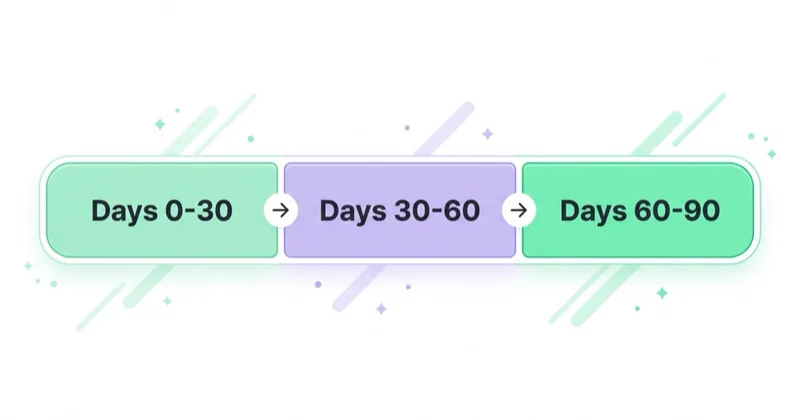 Three-phase bar mapping a fractional CMO's first 90 days across Days 0-30, Days 30-60 and Days 60-90.