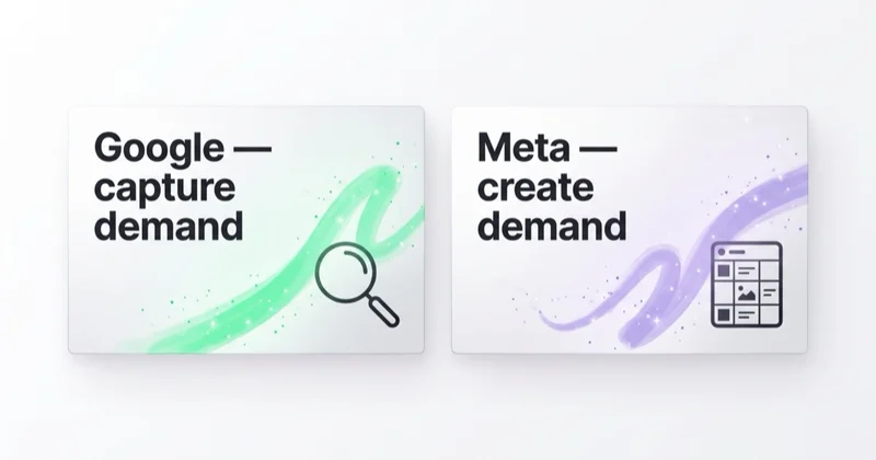 The core difference: Google Ads captures existing demand (search), Meta Ads creates new demand (feed).