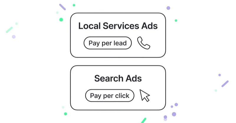 Comparison diagram of two stacked cards showing that Local Services Ads are billed pay per lead while standard Search Ads are billed pay per click.