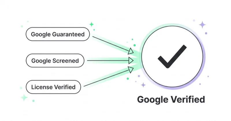 Diagram showing the legacy Google Guaranteed, Google Screened and License Verified badges merging into a single Google Verified checkmark badge.