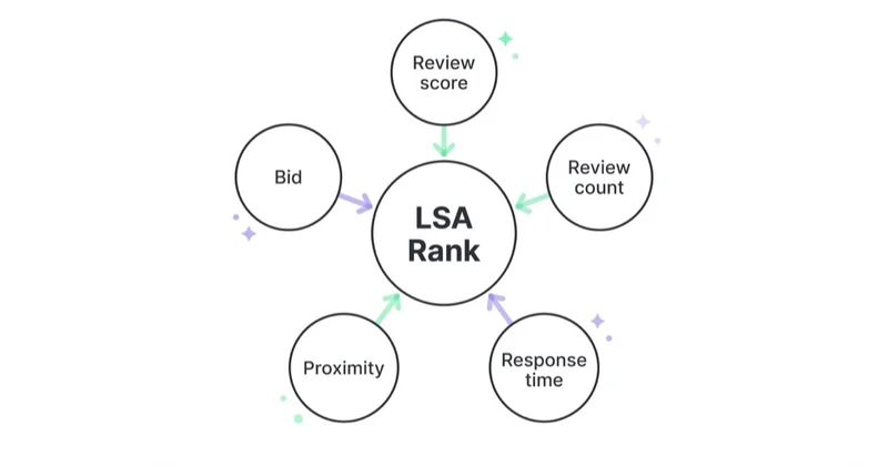 Hub-and-spoke diagram of Local Services Ads ranking, with a central LSA Rank node fed by review score, review count, response time, proximity and bid.