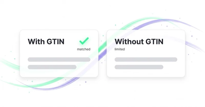 Comparison of two products, one with a GTIN that Google can match and one without a GTIN that gets limited visibility.