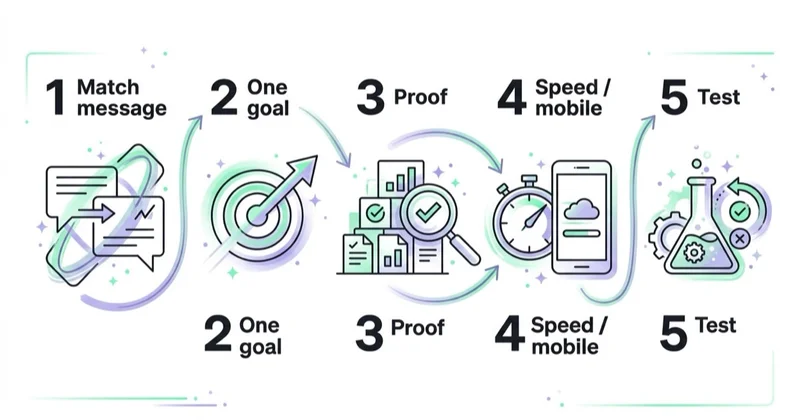 Diagram: a build-and-improve sequence for landing pages.