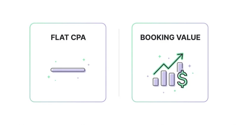 Flat CPA is a weak hotel metric; booking value reflects that reservations vary heavily in worth.