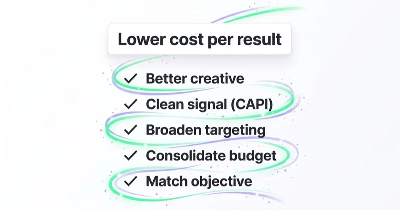 How to lower cost per result: better creative, clean signal via CAPI, broader targeting, consolidated budget and the right objective.