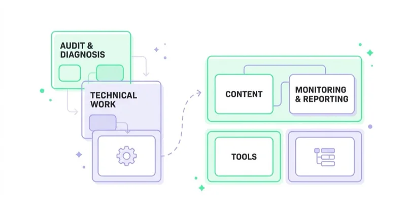 Six cost components inside an SEO and AI SEO price: audit and diagnosis, technical work, entity and structured data, content, monitoring and reporting, tools.