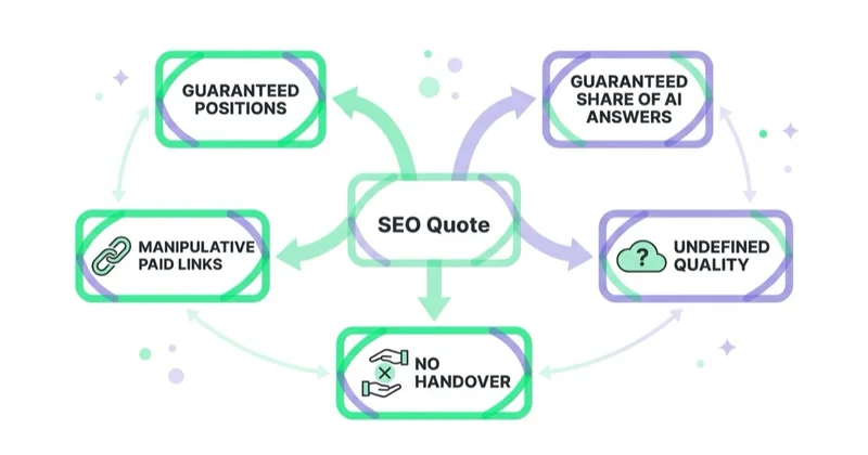 Red flags in an SEO quote: guaranteed positions, guaranteed share of AI answers, manipulative paid links, undefined quality and no handover.