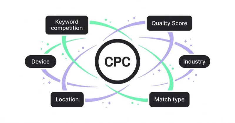 What drives Google Ads CPC: keyword competition, Quality Score, industry, match type, location and device.