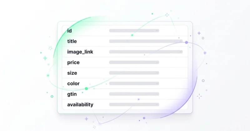 Key apparel product-feed fields: id, title, image_link, price, size, color, gtin, availability.