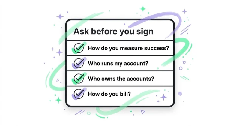 Diagram: questions to ask before signing a Meta agency.