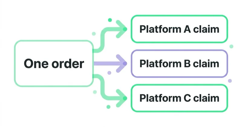 Diagram: Why platform reports do not form one total — One order, Platform A claim, Platform B claim, Platform C claim.