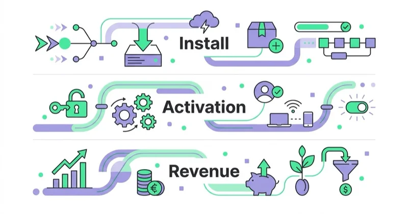Diagram: Event taxonomy before SDK implementation — Install, Activation, Revenue.