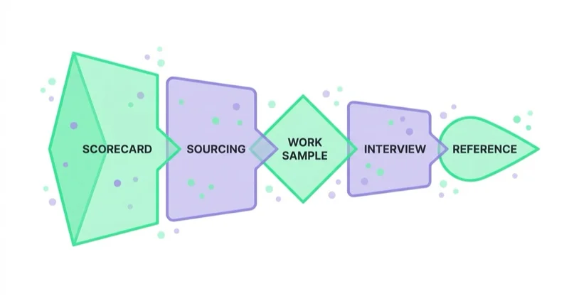 A structured hiring-process funnel from scorecard to reference check.