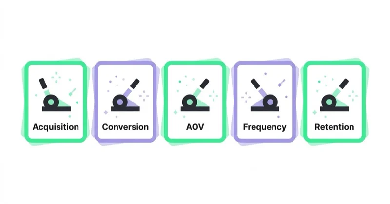 The five revenue levers: acquisition, conversion, average order value, frequency and retention.