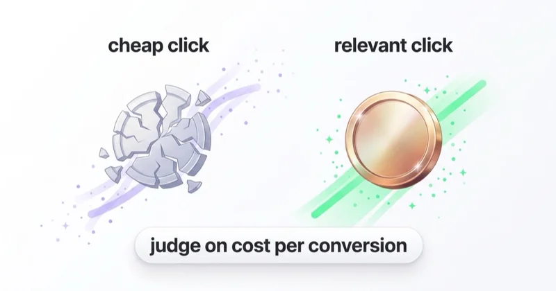 A cheap click that does not convert costs more than a relevant one that does — judge on cost per conversion.